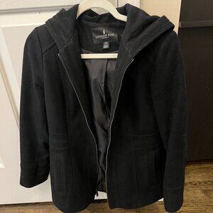 London Fog Hooded Wool Zipper Coat Black Size petite medium